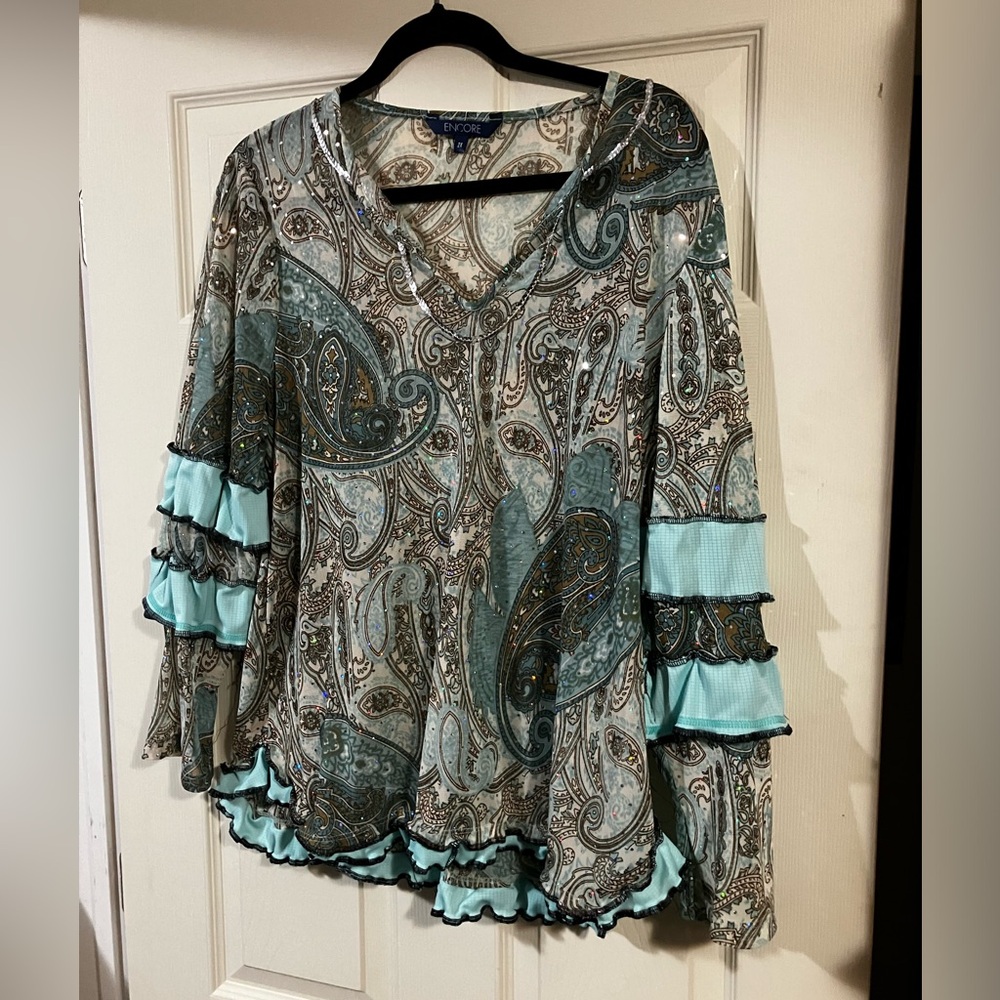 Upcycled tunic top,paisley with turquoise accents